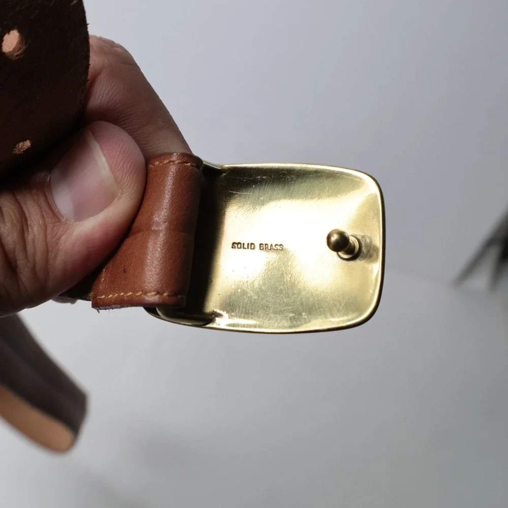 Vintage Brown Leather Belt Solid Brass Buckle Made in Uruguay 32 80 1665037